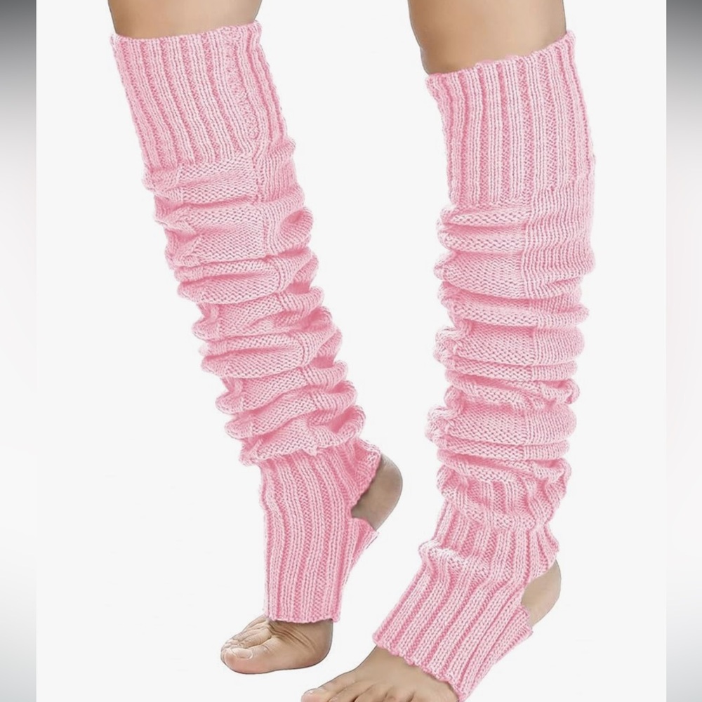 Extra long leg warmers over knee thigh high pink black cable knit yoga socks OS - Picture 5 of 6